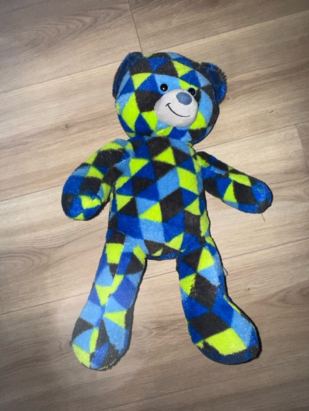 BAB Build a Bear Workshop GAMER Black Blue Green Triangles Bear Stuffed Plush